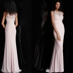 Discontinued JVN By Jovani 62722 Embellished High Neckline Long Fitted Jersey Prom Dress Long Sleeve Dresses