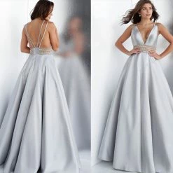 Discontinued Jovani JVN63737 Embellished Waist Prom Dress Ball Gown Plunging Neckline A Line Ballgown Dresses