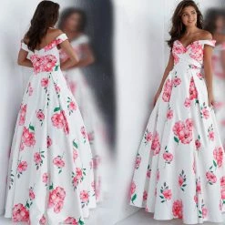 Discontinued JVN By Jovani 66895 Floral Print Off The Shoulder Prom Dress Ball Gown