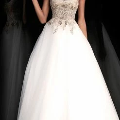 In Stock Jovani JVN 67127 Size 8 Sheer Embellished Corset Ballgown Dress White Gold