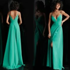 Discontinued JVN By Jovani 68176 Green Long Flowy V Back Prom Dress Long Sleeve Dresses