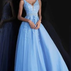 JVN By Jovani Ballgown Dresses Jovani JVN68258 Long A Line Lace Prom Ballgown Dress Formal Plunging Neckline