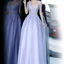 JVN By Jovani Jovani JVN68258 Long A Line Lace Prom Ballgown Dress Formal Plunging Neckline