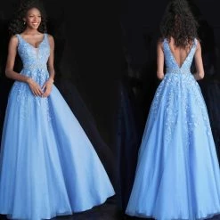 JVN By Jovani Jovani JVN68258 Long A Line Lace Prom Ballgown Dress Formal Plunging Neckline