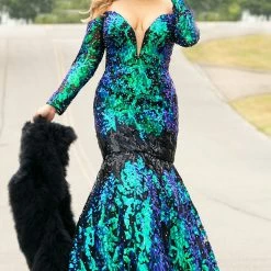 In Stock Mermaid Dresses Johnathan Kayne Sydney's Closet JK 2010 Size 18 Sequin Prom Dress Long Sleeve Mermaid
