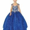 In Stock Ballgown Dresses DQ K713 Size 4, 6 Royal Girls Ballgown Formal Dress Fringe Cap Sleeve Pageant Gown