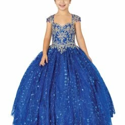 In Stock Ballgown Dresses DQ K713 Size 4, 6 Royal Girls Ballgown Formal Dress Fringe Cap Sleeve Pageant Gown