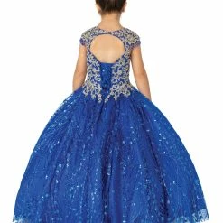 In Stock Ballgown Dresses DQ K713 Size 4, 6 Royal Girls Ballgown Formal Dress Fringe Cap Sleeve Pageant Gown