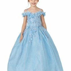 In Stock Ballgown Dresses DQ K758 Size 2, 4 Girls Off The Shoulder Glitter Pageant Dress 3D Flower Corset