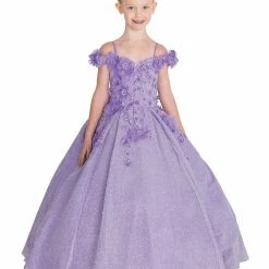 In Stock Ballgown Dresses DQ K758 Size 2, 4 Girls Off The Shoulder Glitter Pageant Dress 3D Flower Corset