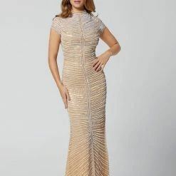 Discontinued Primavera Couture 3364 High Neckline Beaded Cap Sleeve Evening Gown Long Sleeve Dresses