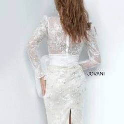 Discontinued Jovani 2033 Long Sleeve Lace Short Cocktail Dress With Bow Detail