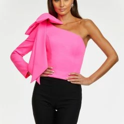 Ashleylauren Ashley Lauren 9004 One Shoulder Scuba Top With Bow Detail 12 Ashleylauren Ashley Lauren 9004 One Shoulder Scuba Top With Bow Detail