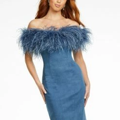 Ashleylauren Ashley Lauren 4481 Blue Feather Cocktail Dress Stretch Denim Off The Shoulder Short Dress 7 Ashleylauren Ashley Lauren 4481 Blue Feather Cocktail Dress Stretch Denim Off The Shoulder Short Dress