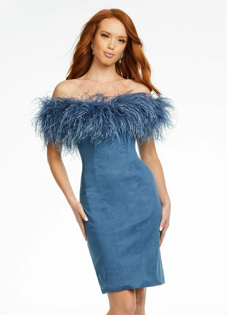Ashleylauren Ashley Lauren 4481 Blue Feather Cocktail Dress Stretch Denim Off The Shoulder Short Dress 5 Ashleylauren Ashley Lauren 4481 Blue Feather Cocktail Dress Stretch Denim Off The Shoulder Short Dress
