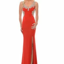 In Stock Precious Formals Lux Gal Style L61016 Red Size 8 Stretch Satin Gown With Intricately Detailed Beading