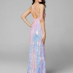 In Stock Primavera Couture 3441 Pink Prom Dress Sequin Embellished Iridescent V Neckline Size 00, 4, 10