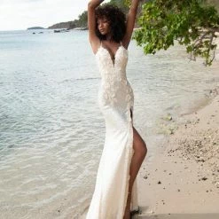 In Stock Backless Dresses Jovani 1012 Size 0 White Sequin Fitted Formal Prom Dress Slit Pageant Backless Floral Bodice