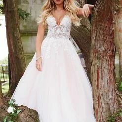 In Stock Jovani 55634 Floral Appliques Prom Dress Size 6 Lace Ballgown Wedding Gown Formal Sheer