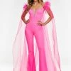 Ashleylauren Ashley Lauren 11138 Off Shoulder Jumpsuit With Organza Feather Cape Jumpsuits & Rompers