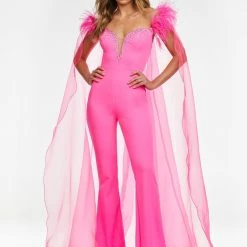 Ashleylauren Ashley Lauren 11138 Off Shoulder Jumpsuit With Organza Feather Cape Jumpsuits & Rompers