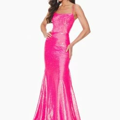 In Stock Mermaid Dresses Ashley Lauren 11024 Sz 10 Neon Blue Sequin Prom Dress With Lace Up Back Pageant Gown