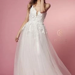 Nox Anabel R346 A Line 3D Floral Lace Wedding Dress V Neck Bridal Gown
