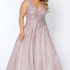 In Stock Ballgown Dresses Tease Prom TE2027 Size 20 Dusty Rose Embellished V Neckline A Line Shimmer Prom Dress