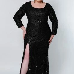 Sydney's Closet SC7320 Fitted Plus Sized Prom Dress Long Sleeves Scoop Neckline With Slit SC 7320 Long Sleeve Dresses