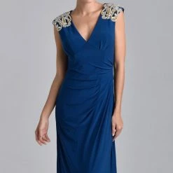 In Stock Long Sleeve Dresses Nina Canacci M206 Long Fitted Embellished Cap Sleeve Formal V Neck Dress