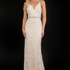 Discontinued Nina Canacci 8195 Embellished Lace V Neckline Fitted Wedding Dress Prom Evening Gown Corset Dresses