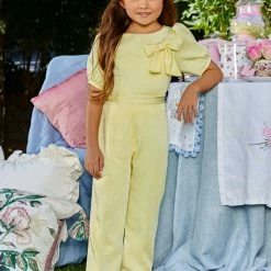 Ashley Lauren Kids Ashley Lauren 8064 Kids Crepe Jumpsuit With Puff Sleeves And Bow Jumpsuits & Rompers