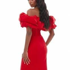 Ashleylauren Ashley Lauren 4337 Fuchsia Cocktail Dress With Oversized Ruffle Neckline Off The Shoulder