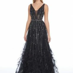 Ashleylauren Ashley Lauren 1902 A Line Feather Skirt Prom Dress V Neckline