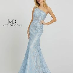 Corset Dresses Mac Duggal 48910M Metallic Lace Mermaid Prom Dress Pageant One Shoulder Corset