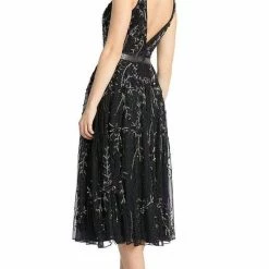 Mac Duggal 5320 Knee Length Formal Cocktail Dress V Neck Beaded Black Dress