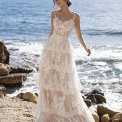 In Stock Corset Dresses White One Bridal MAY Size 8 Lace Bohemian Wedding Dress Sheer Layered Gown