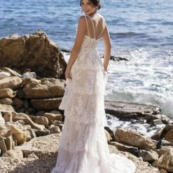 In Stock Corset Dresses White One Bridal MAY Size 8 Lace Bohemian Wedding Dress Sheer Layered Gown