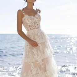 In Stock Corset Dresses White One Bridal MAY Size 8 Lace Bohemian Wedding Dress Sheer Layered Gown