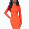 Ashleylauren Ashley Lauren 4336 Neon Orange Cocktail Dress Long Sleeve Scuba High Neckline Fitted Long Sleeve Dresses