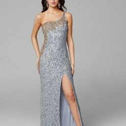 In Stock Primavera Couture 3637 Fitted Sequin One Shoulder Prom Dress With Slit Size 8 Turquoise Pageant Formal