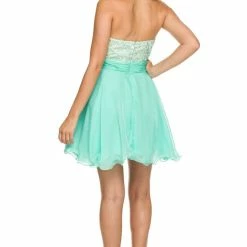 In Stock Nox Anabel 6169 Mint/Nude Cocktail Dress Strapless Lace Bodice Flowy Short Chiffon Skirt