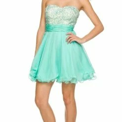 In Stock Nox Anabel 6169 Mint/Nude Cocktail Dress Strapless Lace Bodice Flowy Short Chiffon Skirt