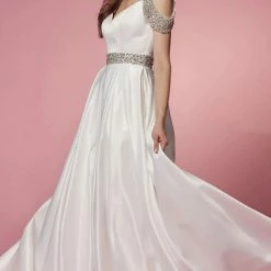 In Stock Nox Anabel R224W Size 2, 6, 16 Long Satin A Line Ballgown Pockets Off The Shoulder Dress Pageant Bridal Ballgown Dresses