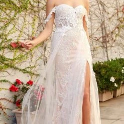 Nox Anabel E441 Off The Shoulder Sheer Lace Wedding Dress Slit Overskirt Bridal Gown Boho