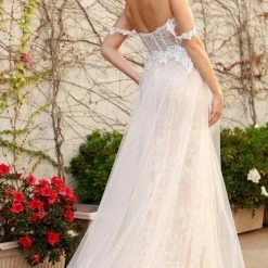 Nox Anabel E441 Off The Shoulder Sheer Lace Wedding Dress Slit Overskirt Bridal Gown Boho