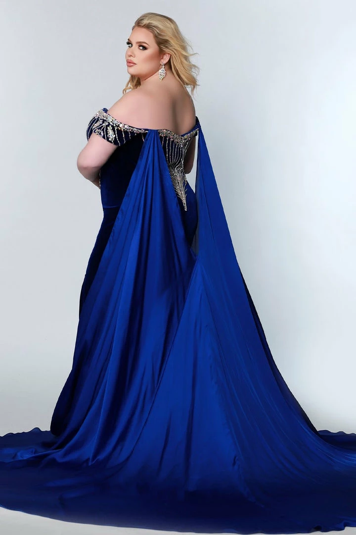 JK2202 Stretch Velvet Plus Sized Pageant Gown Plunging Neckline Side Slit Cape Prom Dress Sydney's Closet By Johnathan Kayne JK 2202 4 JK2202 Stretch Velvet Plus Sized Pageant Gown Plunging Neckline Side Slit Cape Prom Dress Sydney's Closet By Johnathan Kayne JK 2202