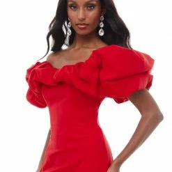 Ashleylauren Ashley Lauren 4337 Red Cocktail Dress With Oversized Ruffle Neckline Off The Shoulder