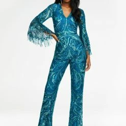 Ashleylauren Ashley Lauren 11181 Fully Beaded Bell Sleeve Jumpsuit With Fringe Details