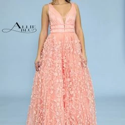 In Stock Allie Blu 6101 Peach Size 10 Floral Applique Prom Dress Ballgown Lace Ballgown Dresses